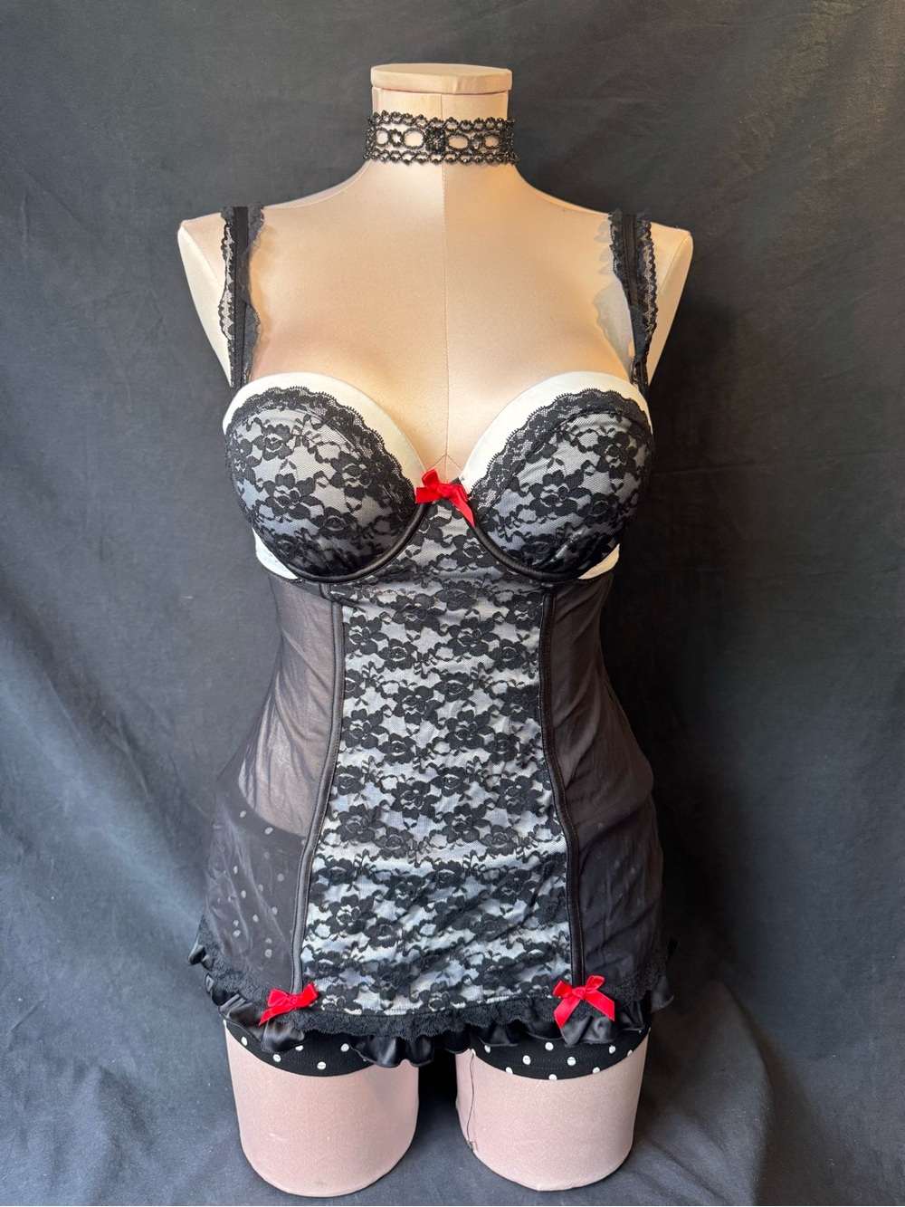 La SENZA Black and White Lace Bustier Chemise with Red Bow Accents